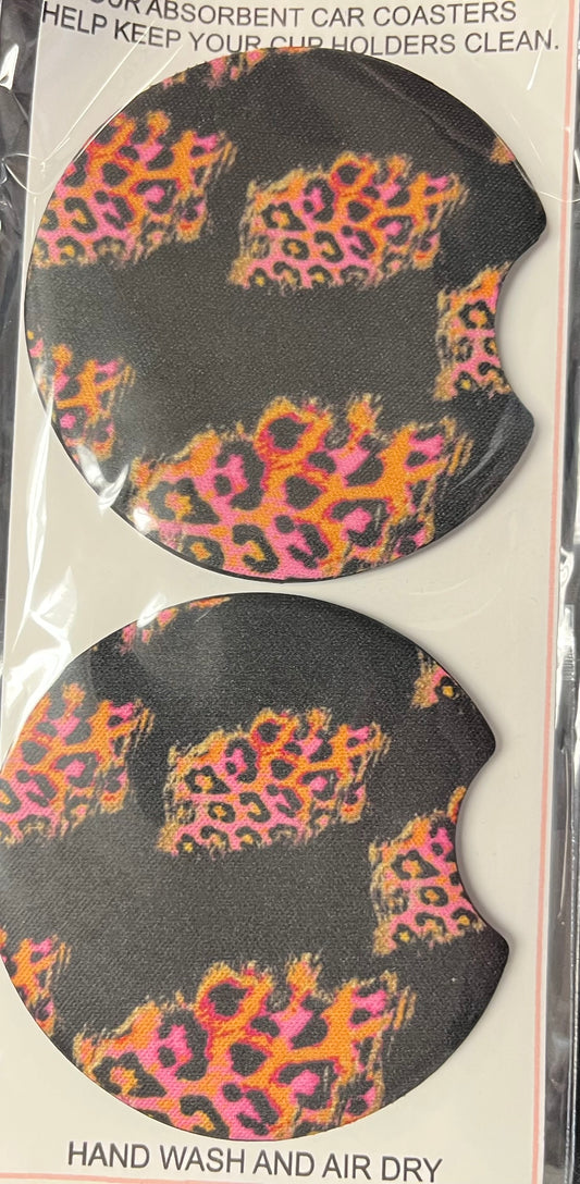 Black with Cheetah Print Car Coaster 2 pack