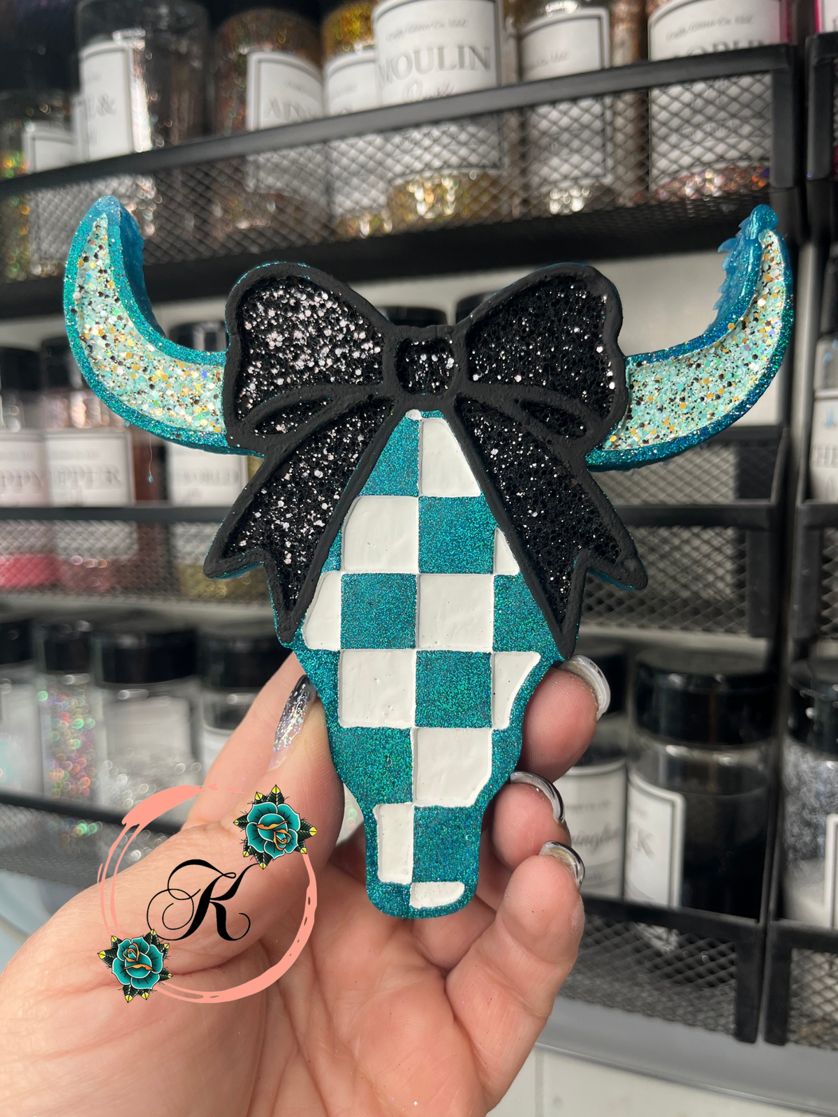 Checkered Print Bullskull with Bow Freshie