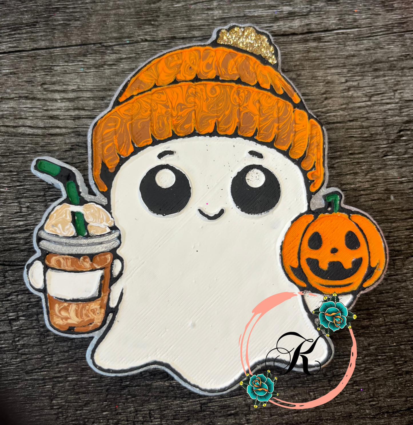 Ghost with pumpkin and Drink Freshie