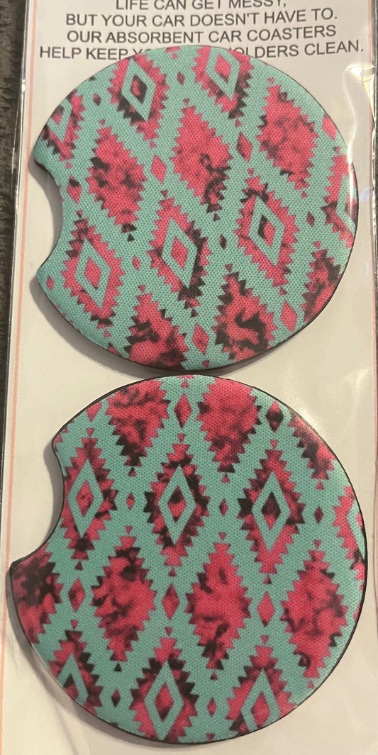 Aztec Pink & Teal Car Coaster 2 pack