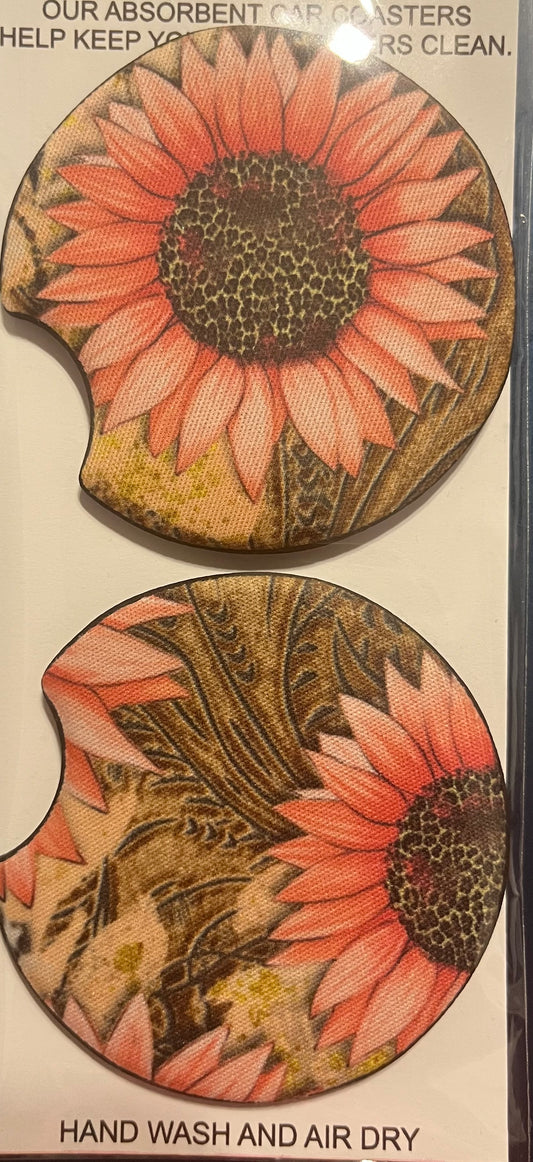 Tooled Sunflower Car Coaster 2 pack