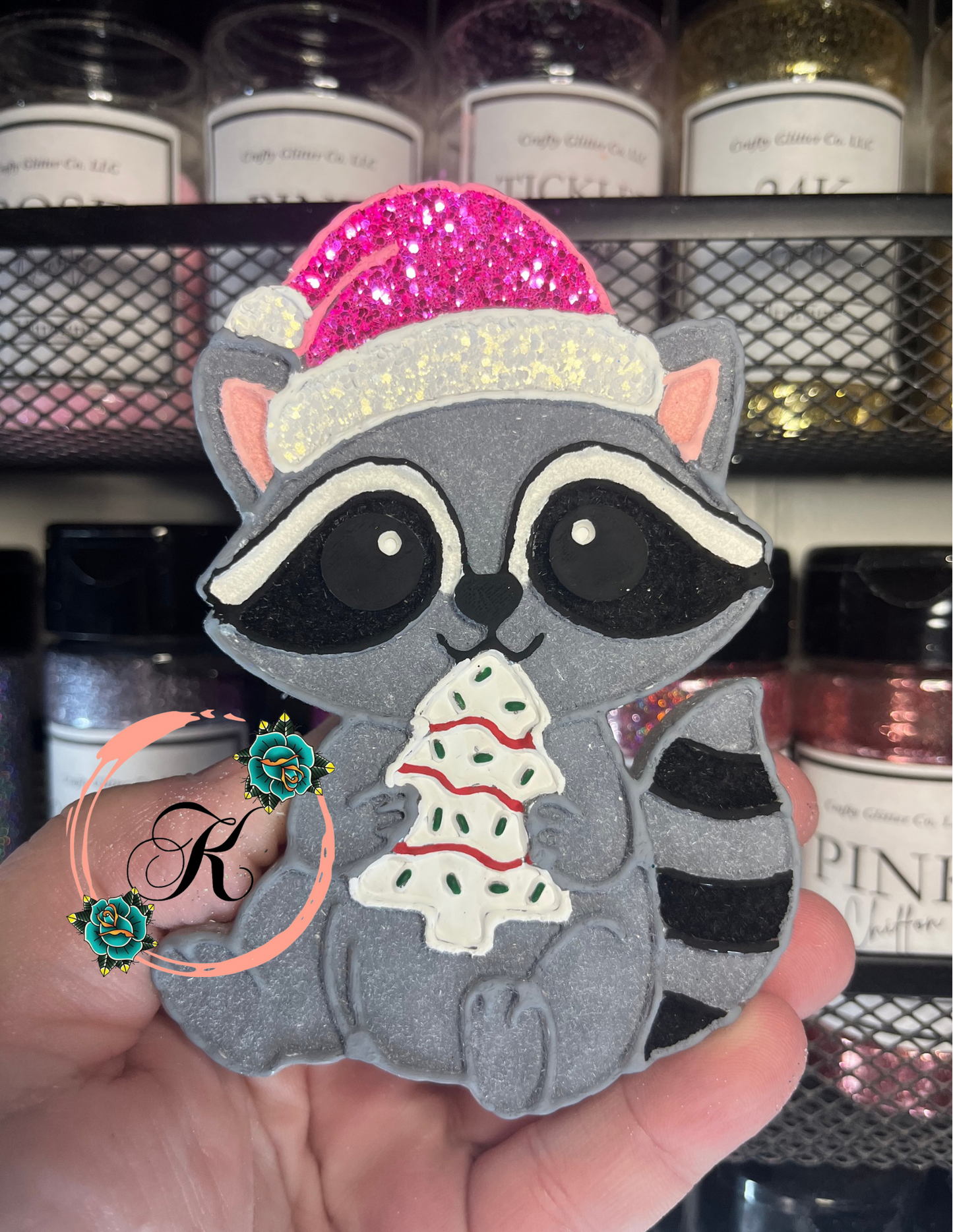 Raccoon with Christmas Cake Freshie