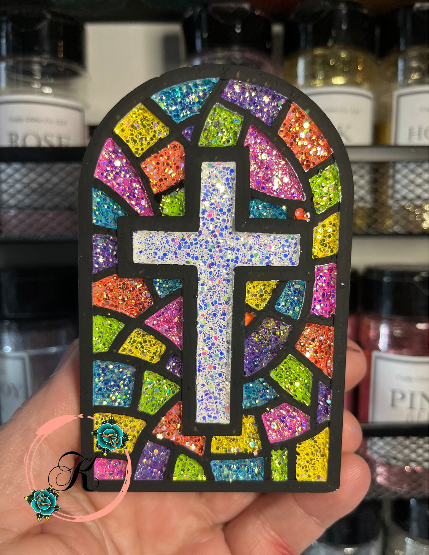 Stained Glass Window with Cross Freshie