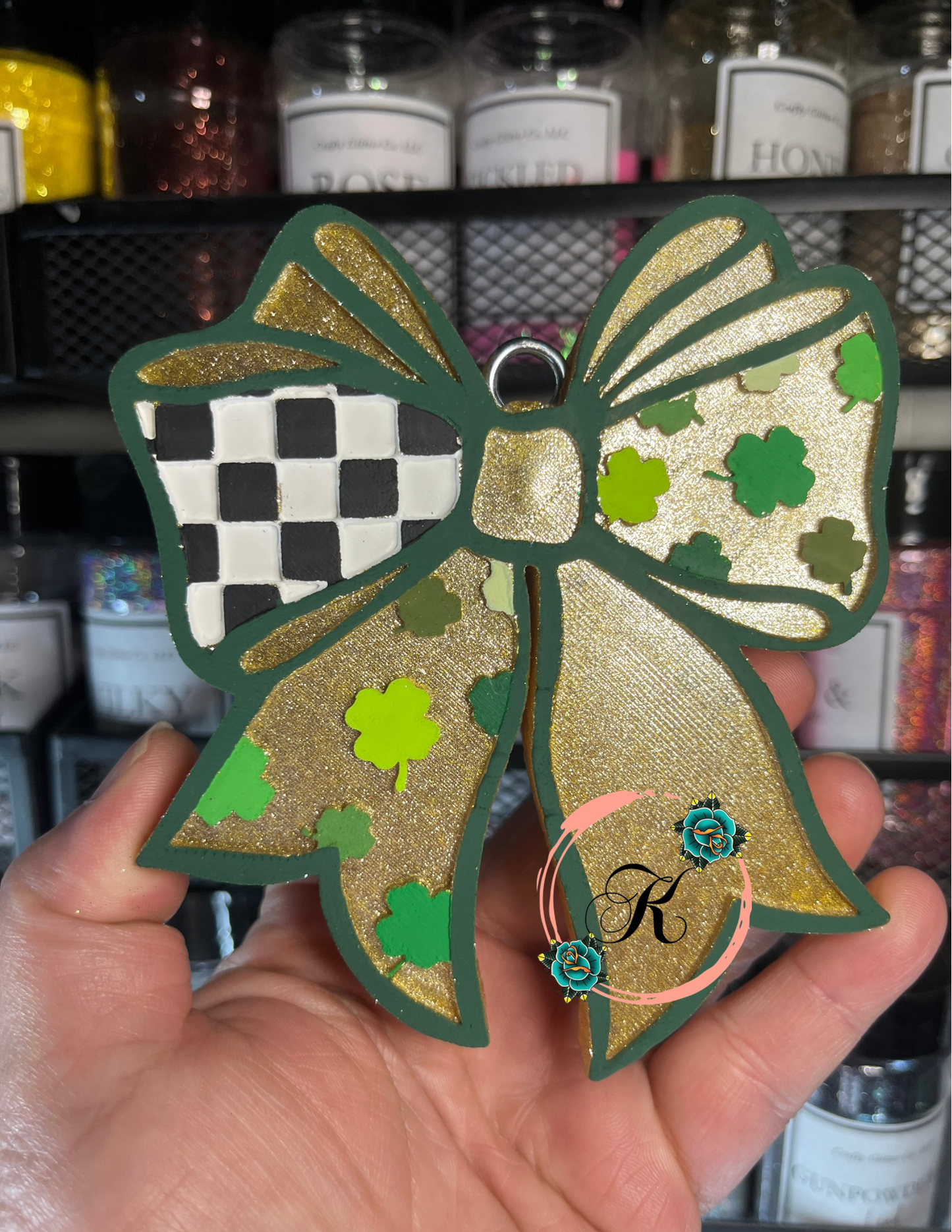 Checkered Print Bow with Clovers Freshie