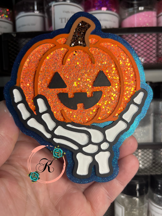 Skeleton Hand Holding Pumpkin Freshie