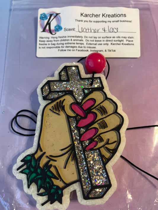 Hand with Cross- Leather and Lace