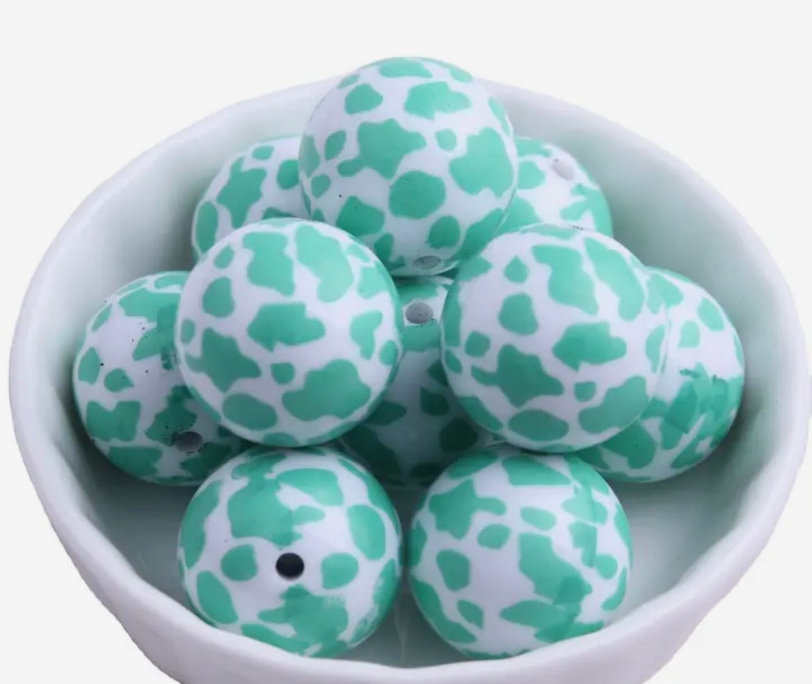 Bubble Gum Beads Cow Print mint  20mm