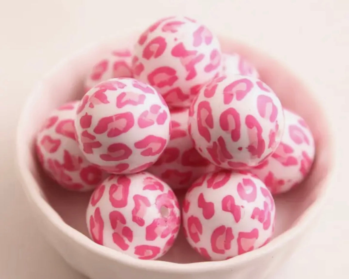 Bubble Gum Beads Cheetah Print Pink 20mm